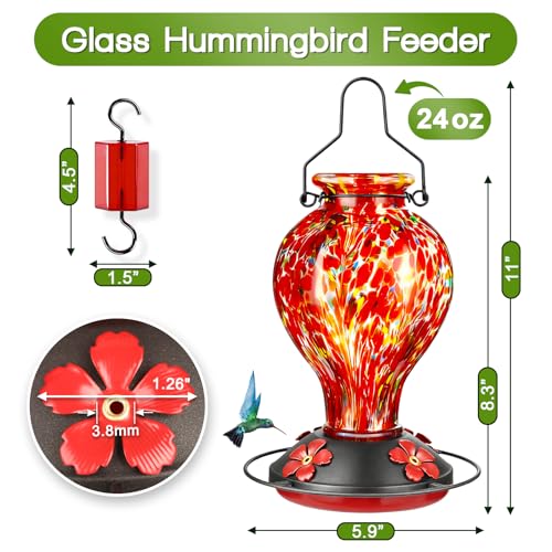 Hand Blown Glass Hummingbird Feeders for Outdoors Hanging, 24oz Wild Bird Nectar Feeder with Ant Moat and Perch, Bee-Resistant Ports, Garden Decor, Gifts for Women Mom, 1 Pack, Red Polka Dots - Image 2