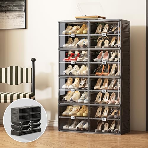 Image of Vipbox Black Shoe Rack Organizer Cabinet for Closet Entryway,Clear Shoe Storage Boxes Stackable Sneaker Storage with Door Easy Assembly Shoe Cabinet with Lids Large 8 Tiers 32 Pairs