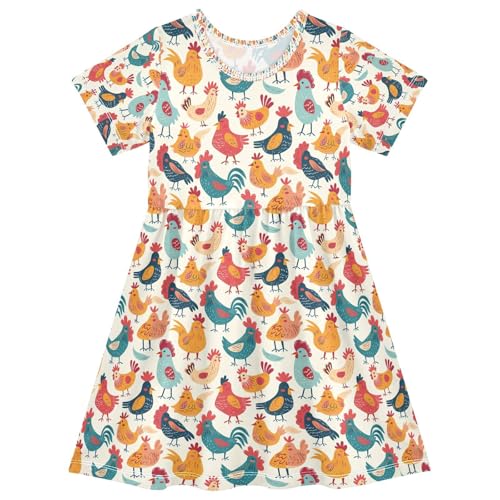 ALAZA Yellow Dog Puppy Blue Girls Dress Short Sleeve Toddler Casual Dresses Summer Sundress 2-8T