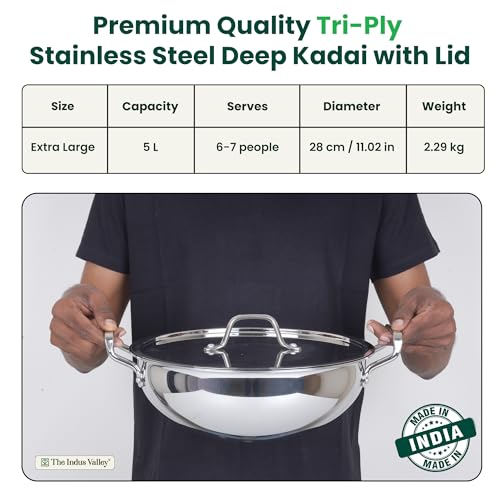 Image of The Indus Valley Triply Stainless Steel Deep Kadai /Kadhai 5 LTR with Stainless Steel Lid | 28 cm /11.02 inch, 2.29kg | Induction Friendly | Nonstick 3-Layer Body, 100% Pure & Toxin-Free