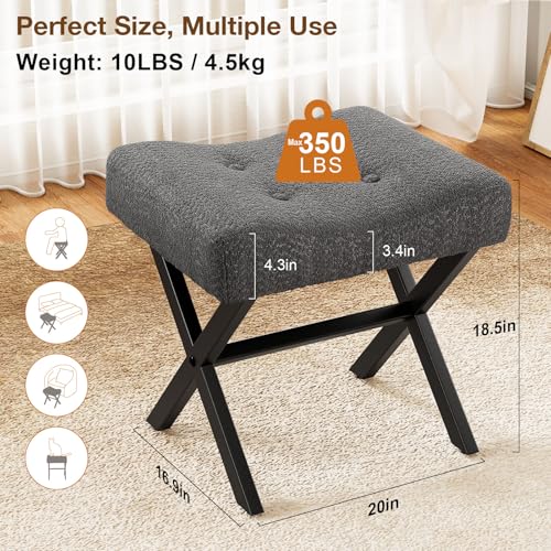 Image of Memobarco 18-Inch Large Vanity Stool Chair, Vanity Bench with Metal X-Legs, Ottoman Accent Stool with Breathable and Soft Boucle Fabric Saddle Seat, Grey
