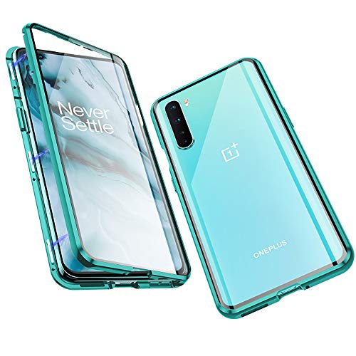 Jonwelsy Funda para Oneplus Nord, Adsorción Magnética Parachoques de Metal con 360 Grados Protección Case Cover Transparente Ambos Lados Vidrio Templado Cubierta para 1+Nord (Verde)
