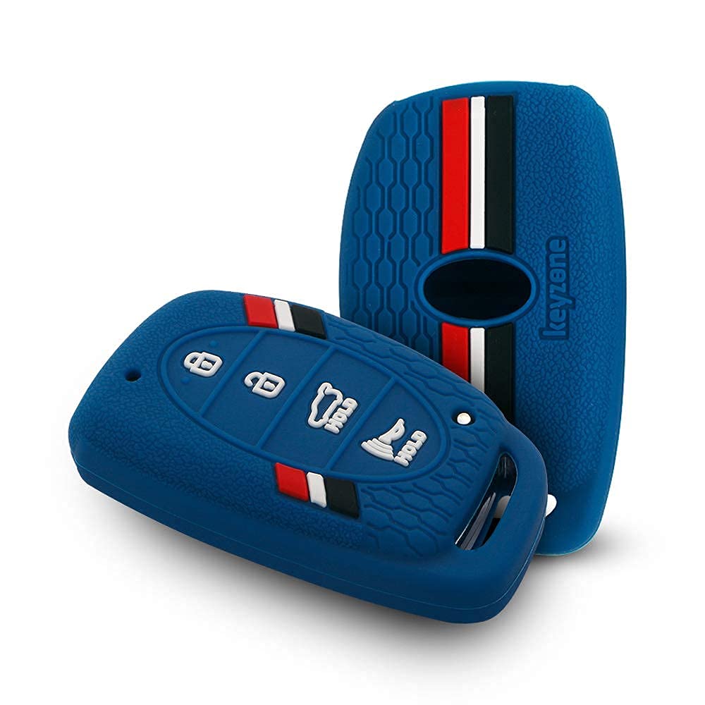 Keyzone® Striped Silicone Key Cover Compatible for Venue, Elantra, Tucson, I20 N Line 2021, Creta 2020, i20 2020 Model with 4 Button Smart Key (Blue)