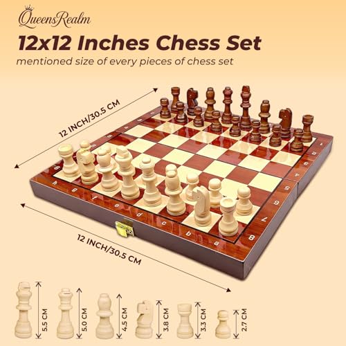 Image of QueensRealm Wooden Chess Board Set 12 Inch x 12 Inch Handmade Magnetic Foldable Chessboard for Kids & Adults, Compact & Portable Travel Chess with Inbuilt Storage (Wooden)