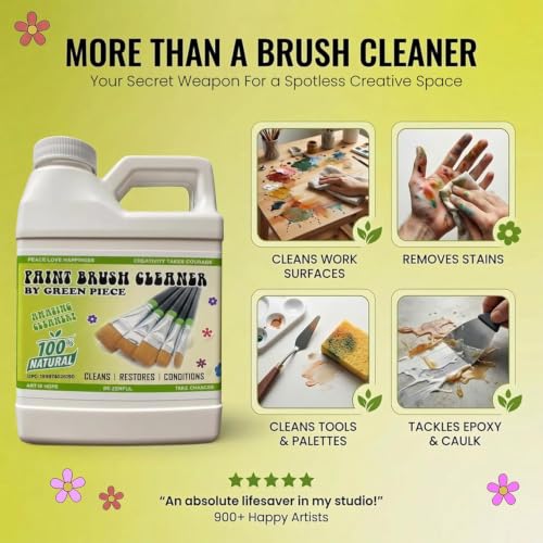 Image of Green Piece Paint Brush Cleaner & Restorer - 100% Natural, Non-Toxic Formula - Made in USA - Cleans Wet or Dry Paint - Safe for Hands - Works on Acrylic, Latex, Oil & Shellac - 64 Oz (Half Gallon)