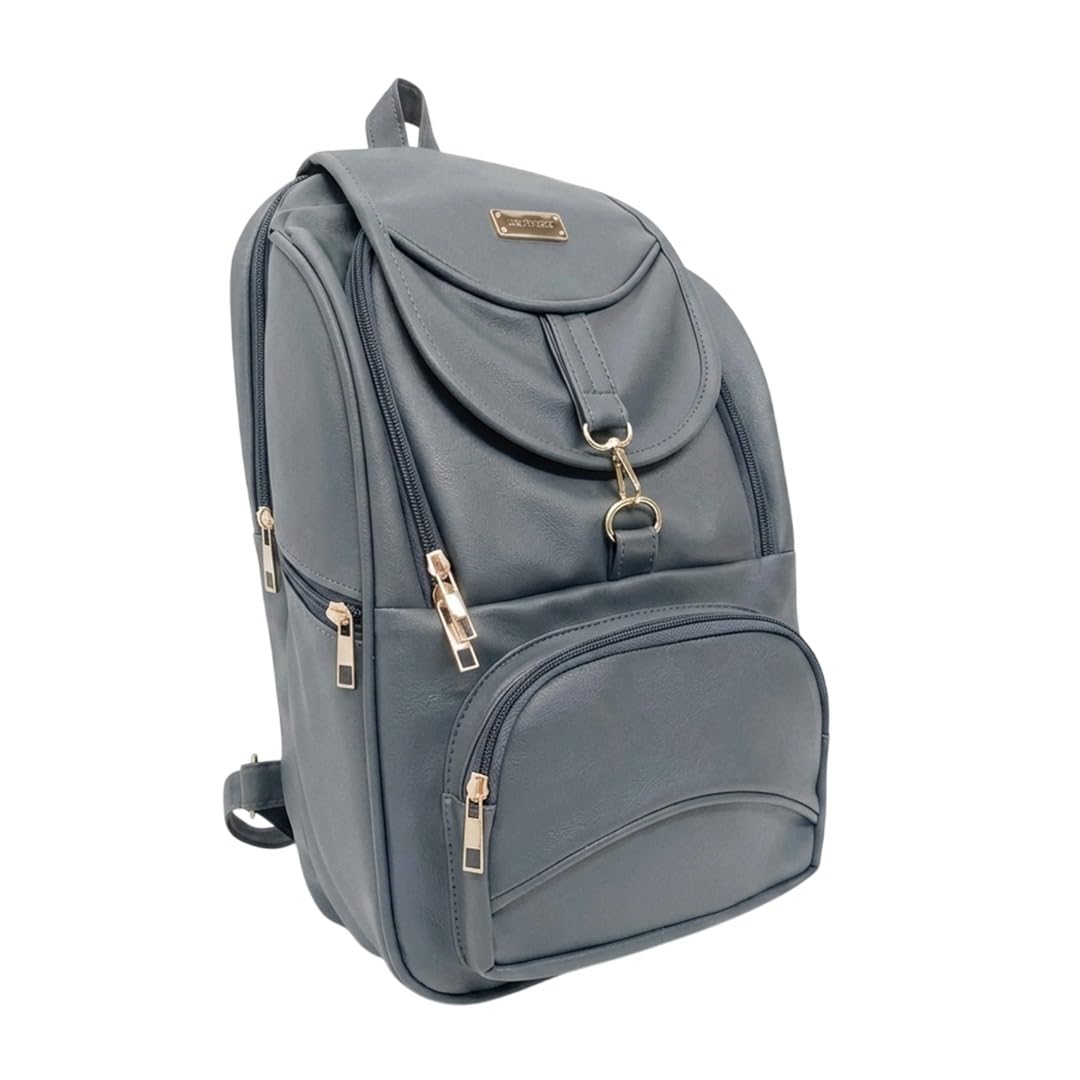 bibo Elegant Faux Leather Backpack for Women | Stylish School &Travel Daypack with Multi-Zip Compartments | Gold-Tone Hardware, and Adjustable Straps (Grey)-picture-37