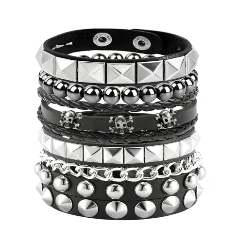 Tosmifairy 4Pcs/Set Fashion Street Hip Hop Leather Studded Cuff Bracelets Multiple Wristbands Bangle Emo Acceossries for 80s Punk Rock Concert Outfit (Solid Studded + Skull)