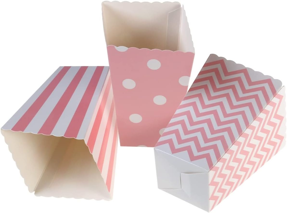 FELTECHELECTR 48pcs Gender Reveal Popcorn Carton Rugby Stripe Wave Dot Pattern Bags Party Candy Cartons Popcorn Bowl