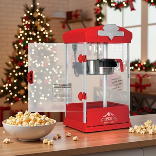 Image of Commercial Popcorn Machine, 8 Oz Portable Popcorn Makers with Warming Deck, Tabletop Pop Corn Popper with Measuring Cup and Spoon, for Home, Birthday Parties, Theater, School Events, Red