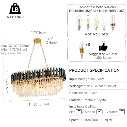AOOCHOK Black and Gold Crystal Chandelier Pendant Light for Dining Room, Oval Modern Crystal Chandelier for Living Room, Bedroom, Restaurant, E12 x 8, 32x14inch by AOOCHOK - Used condition - Image 7