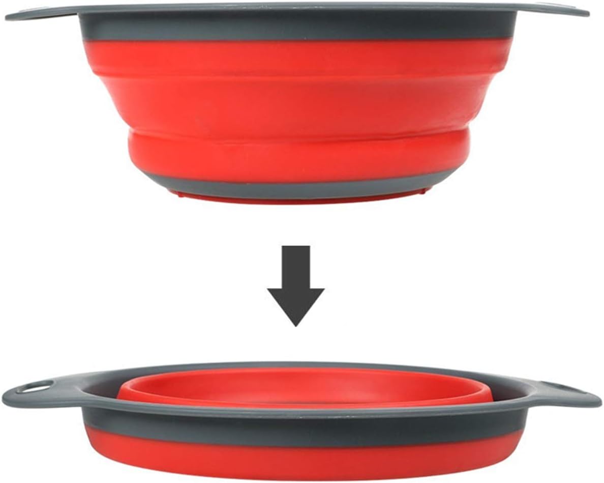 Collapsible Colanders Strainers Set 2 Pieces, Fruit and Vegetable Cleaning Filter Basket, Food-grade Silicone Foldable Kitchen Drain Strainers with Handle, Dishwasher for Draining Pasta, Veggies Red