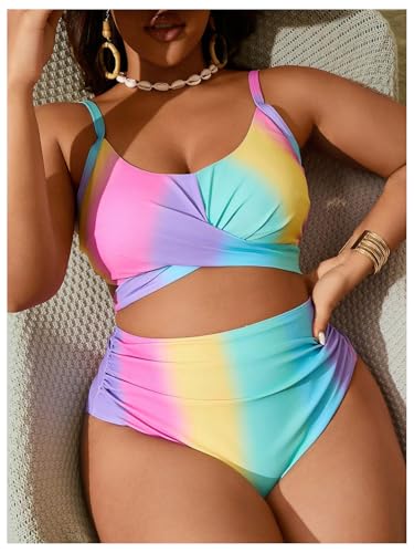 Verdusa Women's Plus Size 2 Piece Colorblock Ombre Bikini Set Cross Front Ruched Tie Back Swimsuit3