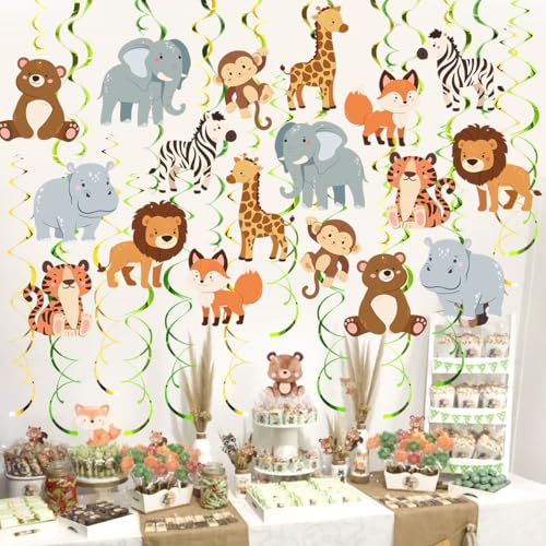 Image of Safari Animal Party Streamers, 48 Pcs Jungle Theme Hanging Swirl Decorations - Hippo, Lion, Zebra & More for Birthday, Holiday, Classroom & Party Decor