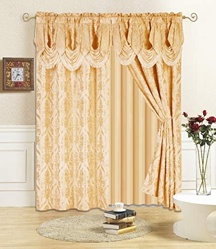 All American Collection New 4 Piece Drape Set with Attached Valance and Sheer with 2 Tie Backs Included (84" Length, Gold)
