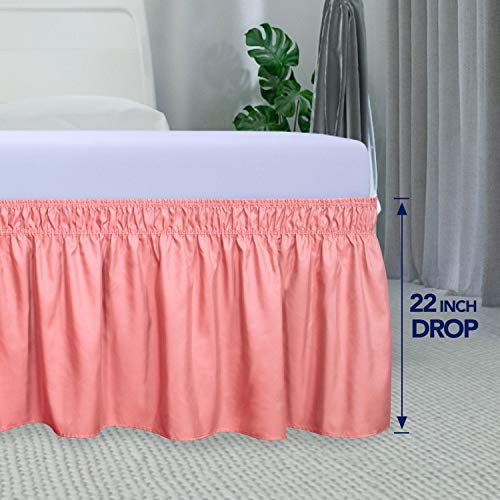 PureFit Wrap Around Ruffled Bed Skirt with Adjustable Elastic Belt - 22 Inch Drop Easy to Put On, Wrinkle Free Bedskirt Dust Ruffles, Bed Frame Cover for Queen, King and C-King Size Beds, Pink