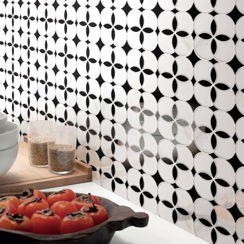 Anemone Flower Stone Mosaic Tile 5 Sheets Mixed Color Italian Gray Marble Stone Kitchen Backsplash Water Jet Mosaic Flooring Tile Interior for Kitchen Backsplash Wall 5 sq. ft. (Natural Black +White)