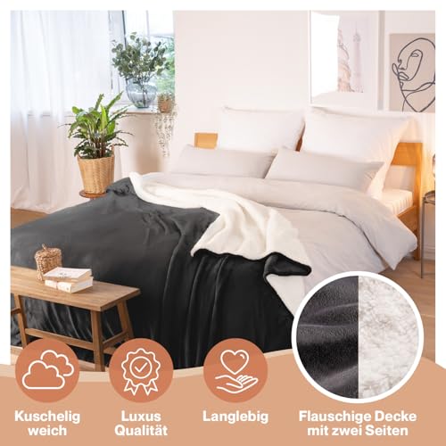Blumtal Premium Sherpa Kuscheldecke flauschig 150x200 cm - Oeko-Tex zert. Sofa Decke mit Dicker Sherpa-Innenseite - super Flauschige Decke extra dick und wärmend - Plüschdecke - Anthrazit