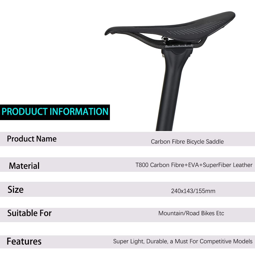 Selle de vélo en Fibre de Carbone, Selle de Route antidérapante ultralégère et Respirante/Selle de VTT Selle de vélo de Course en Fibre de Carbone