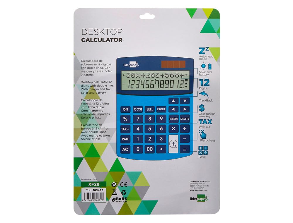 CALCULADORA LIDERPAPEL SOBREMESA XF28 12 DIGITOS Dos LINEAS Coste Venta MARGEN Y TASAS Solar Y Pilas Azul 155X115X25 MM