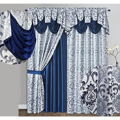 GOHD Samba Star. Jacquard Window Curtain Panel Drape with Attached Fancy Valance and Taffeta Backing. 2pcs Set. Each pc 54" Wide x 90" Drop with 18" Valance. (Navy Blue) Cover