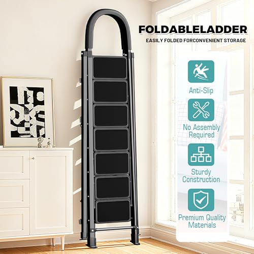 Image of 8 Step Folding Ladder,200lbs Portable Sturdy Carbon Steel Ladder for Home & Kitchen Use,Heavy - Duty Step Stool with Anti - Slip Pedal and Handrails,Black