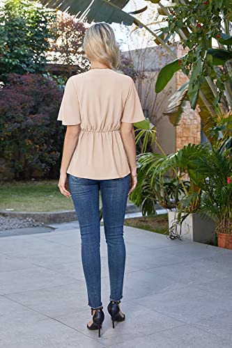 Khaki Peplum Tops For Women V Neck Tie Front Short Sleeve Shirts Tops Dressy Xl #TOP4