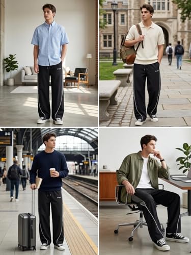Image of GRECIILOOKS Track Pants for Men Baggy Wide Leg Korean Streetwear Trousers | Relaxed Fit Baggy Pants for Men with Drawstring Waist | Casual Oversized Lower for Travel, College & Everyday Wear