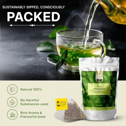 Image of Tealeaf & Co. Mint Green Tea Bags Blended with Fresh Herbs - Spearmint & Peppermint Tea - Contains Low Caffeine - Gluten Free - 100 Teabags (7.055oz /200gm)