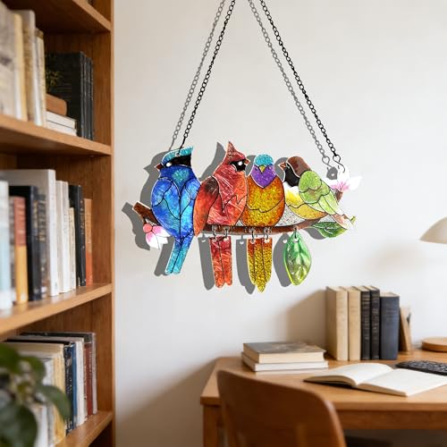 Image of DASTOLL Stained Glass Window Hanging - Hummingbird on Branch Suncatcher Hand-Painted Double Side Stain Glass Cardinal Gifts Sun Catcher for Windows Doors Room Outdoor Home Decoration