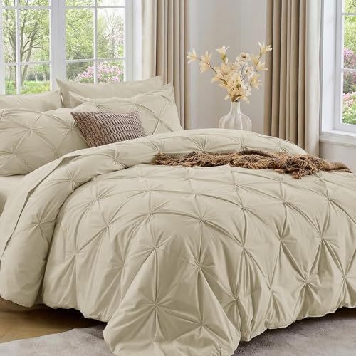 Image of Sasttie Queen Comforter Set, 7-Piece Bed in a Bag, Pintuck Bedding Sets for All Season, Includes Comforter, Flat Sheet, Fitted Sheet, Pillowcases and Pillowshams, Linen