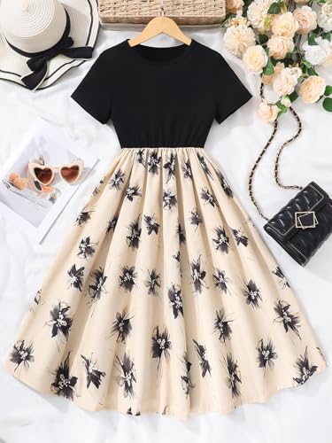 New 8-14Years Girls Elegant Dress Short Sleeve A-Line Floral Midi Party Special Occasion2