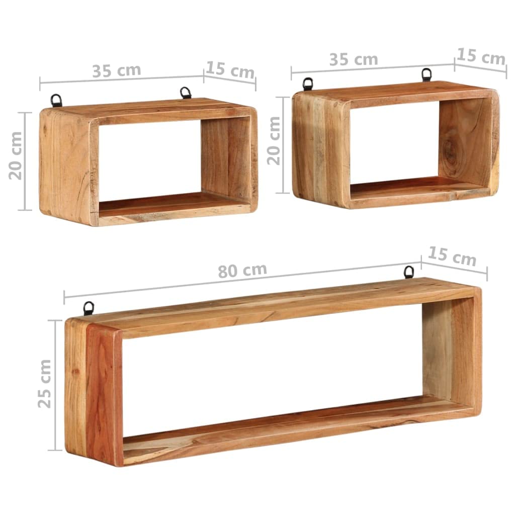Wandregal Set aus massivem Akazienholz 80x15x25 cm und 35x15x20 cm Natürliche Maserung Stabiles Bücherregal für Wohnzimmer Küche und Badezimmer