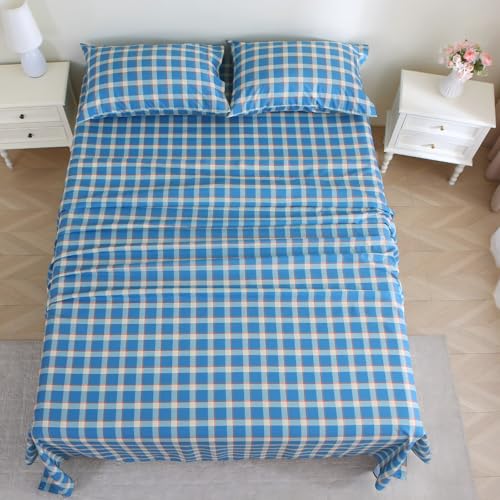 Image of MUXHOMO Full Size 4 Piece Sheet Set, Soft & Breathable Sheet for Bedroom with Deep Pocket Up to 16 inch, Wrinkle-Free & Cooling Bed Sheet with Flat Sheet, Fitted Sheet & Pillowcases - Blue Green Plaid
