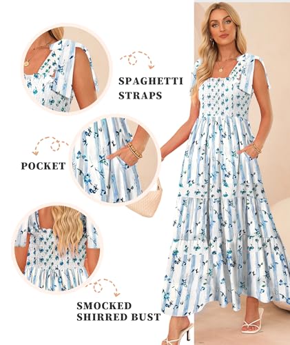 Image of CURBODO Women's Summer Maxi Dress Boho Spaghetti Straps Casual Long A-line Smocked Beach Dress Square Neck Flowy Sun Dress