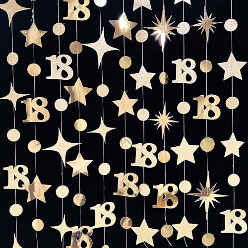 Image of Champagne Gold 18th Birthday Decorations Number 18 Circle Dot Twinkle Star Garland Streamer Banner Backdrop for Girls Boys Happy 18th Birthday Time to Adult Cheers to 18 Years Old Anniversary Party