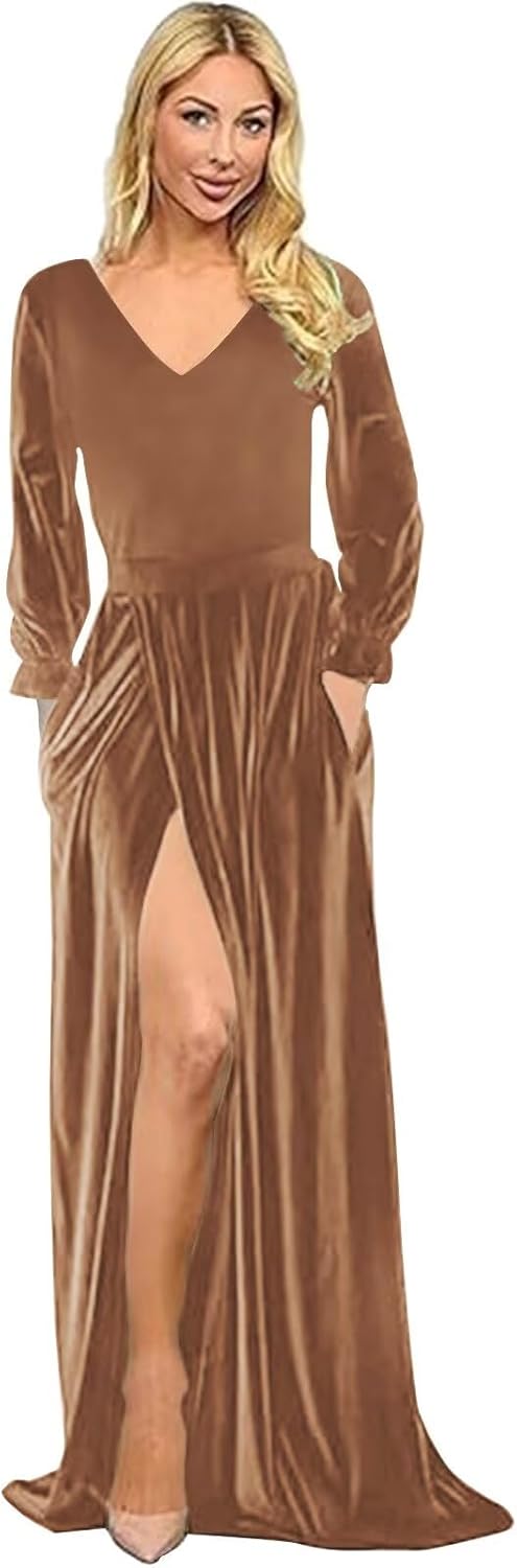 Women's Velvet Bridesmaid Dresses V Neck High Slit A Line Long Sleeves Prom Dresses Formal Gowns with Pockets