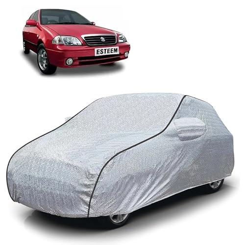 Image of Sulfar 100% Waterproof Car Body Cover Compatible with Mirror for Maruti Suzuki Esteem (Triple Stitched, Full Bottom Elastic, Magic Silver with Black Piping)