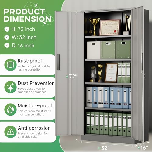 Image of INTERGREAT Metal Storage Cabinet with Lock, 71 inch H with 2 Doors and 4 Adjustable Shelves, Locking Garage Cabinet for Home Office, Kitchen, Bathroom, 16 inch D x 32 inch W x 72 inch H (Black Grey)