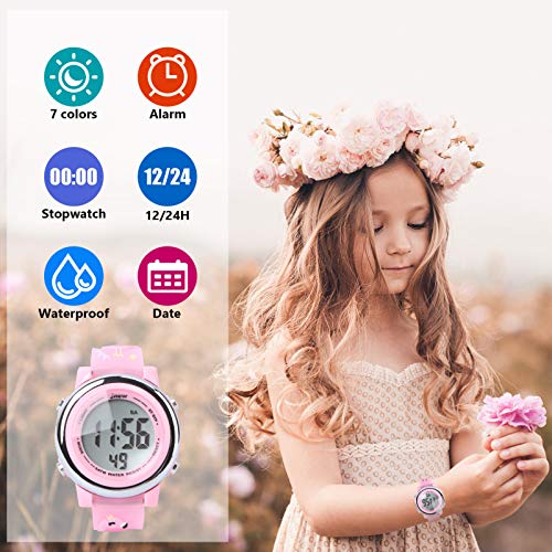 ibasenice Relógio de LED 3D luminoso para meninas, relógio digital rosa, esportivo, impermeável, rel