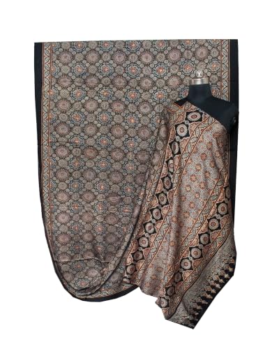Image of Ethnics of Kutch Womenss Ajrakh Modal Silk Natural Dye Hand Block Print Saree with Blouse Piece - 5.5 Mtr Length