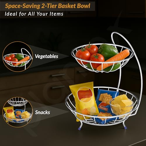 Image of Plantex Fruit Basket for Dining Table /2- Tier Stainless Steel Fruit Storage Basket Stand for Kitchen /Fruit And Vegetable stand for Kitchen(Chrome Finish)