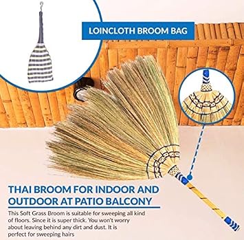 1 Piece of 24'inch Tall of Thai Natural Grass Broom and 1 Piece of Loincloth Storage Bag Asian Broom Hand Broom Duster Grass for dusting Dirt and dust