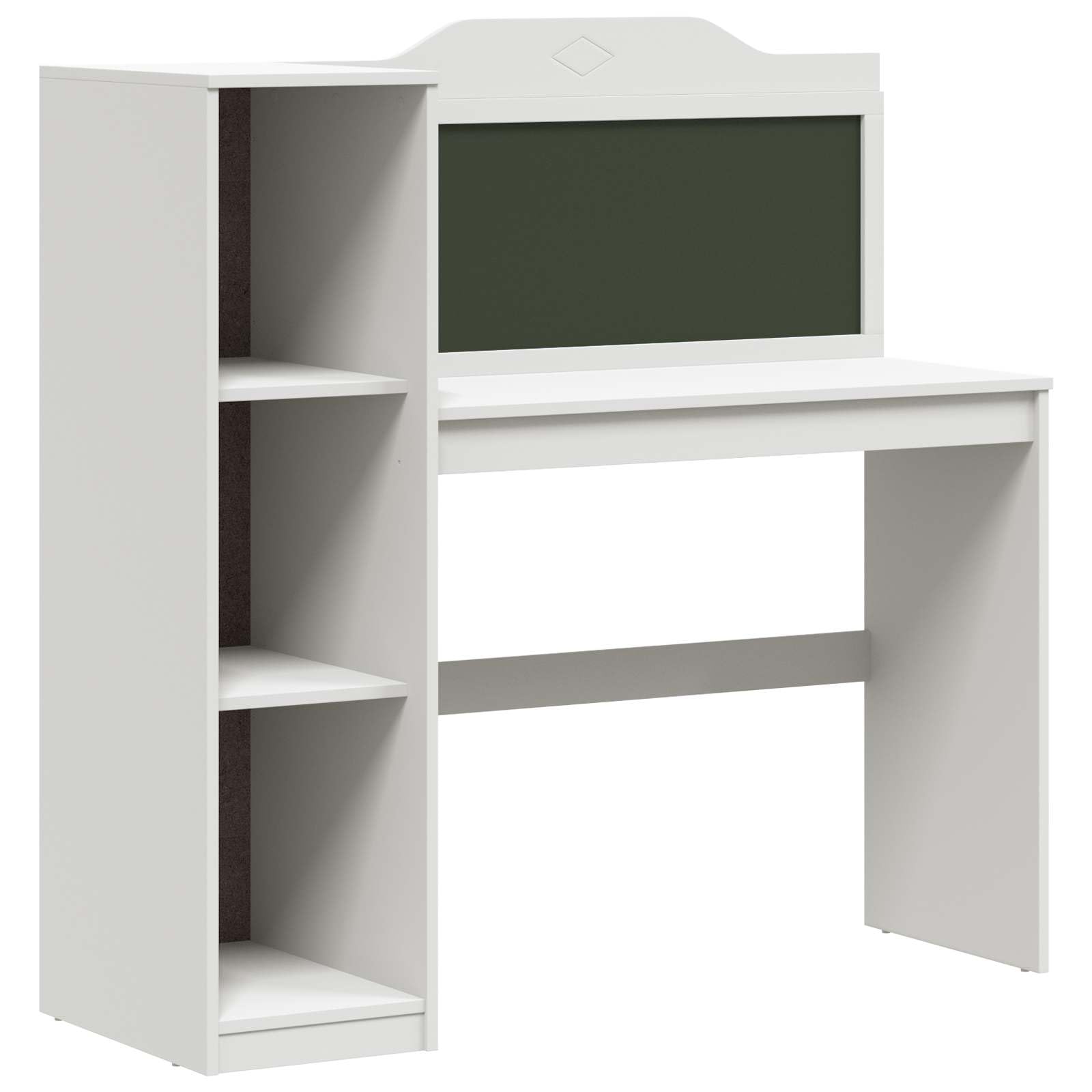 ROROS - Scrivania bianca con lavagnetta, ripiano aperto, 3 ripiani, 120 x 45 x 118,5 cm, resistente materiale in legno, ideale per casa, ufficio, studio e spazi creativi