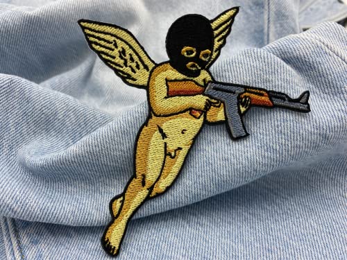 Finally Home Bad Angel Patch zum Aufbügeln | Engel mit Waffe und Flügeln Patches, Bügelflicken, Flicken, Aufnäher geeignet für Lederjacken