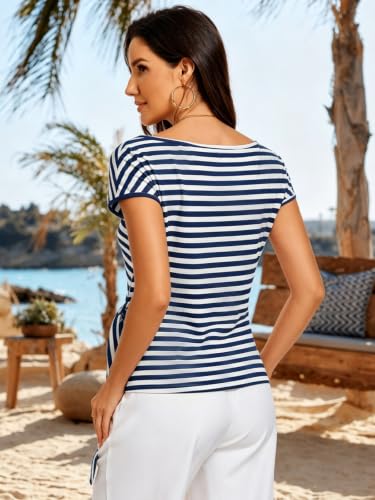 Image of HOTIAN Womens Cap Sleeve T Shirts 2026 Tie Waist Wrap Tops Crew Neck Blouses Dressy Casual Loose Work Business Dressy