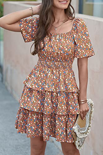 Image of PRETTYGARDEN Women's Summer Floral Ruffle Short Dress | Short Sleeve Square Neck, Flowy Tiered Hem, Fit and Flare, Flower Boho Dresses, Cute Beach Vacation Outfits, Fashion Clothing