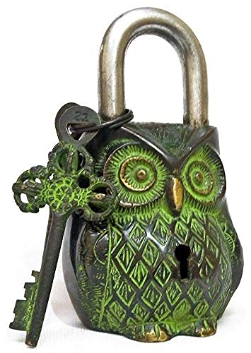 Brass Owl Lock Vintage Look with 2 Key and Decorative Use (Green)