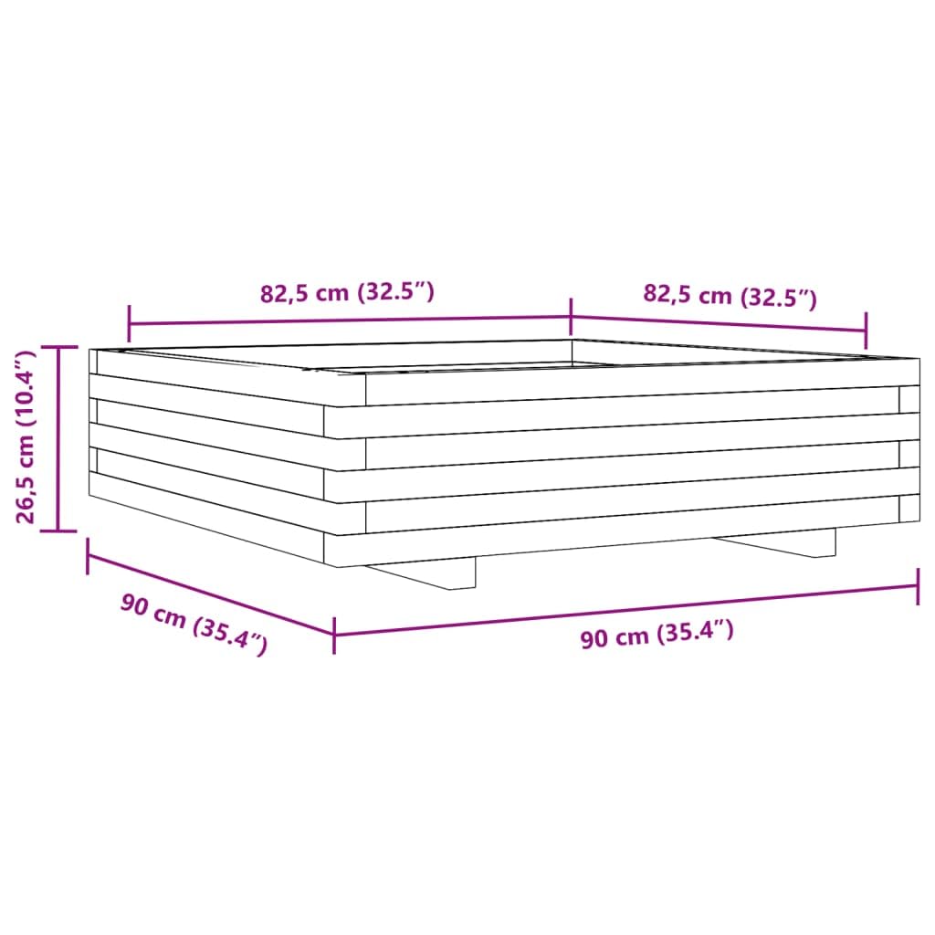 Macetero blanco de madera maciza de pino, 90 x 90 x 26,5 cm, bancal alto con drenaje para jardín, balcón, terraza, interior y exterior, como maceta y jardinera con almacenamiento de agua