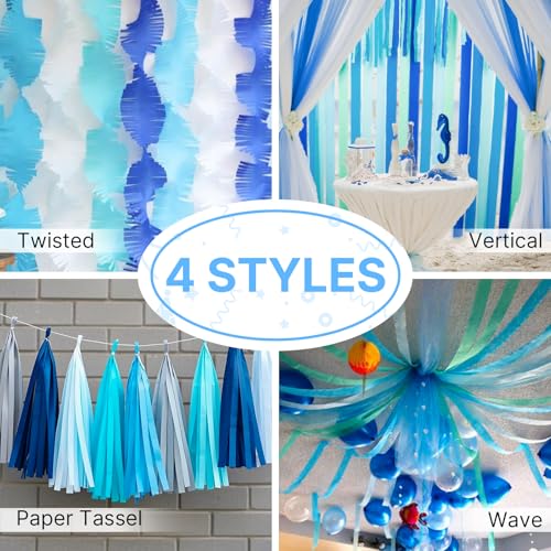 Image of PartyWoo Light Blue Crepe Paper Streamers 8pcs 656ft Pack of Slate Blue Beige White Green Crepe Paper Streamers for Birthday Gender Reveal Baby Shower Mermaid Under The Sea Party Decorations
