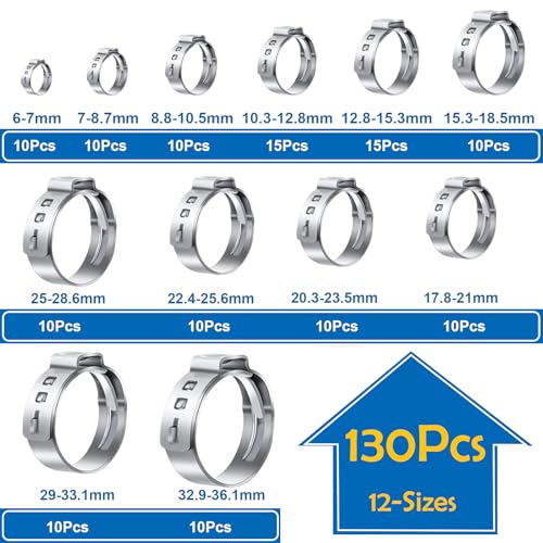Image of 130Pcs 12-Sizes 304 Stainless Steel Single Ear Hose Clamps with Ear clamp plier 6-36.1mm Crimp Hose Clamps Assortment Kit for Auto /Home Appliance /Pipe /Fuel Line Stepless hose clamp with pincer